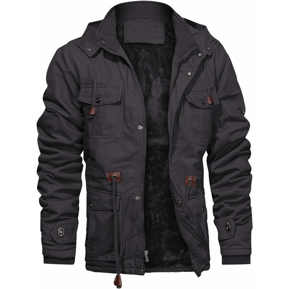 Mens Gray Thick Winter Jacket Hooded Fleece Lined Cotton Military Coat